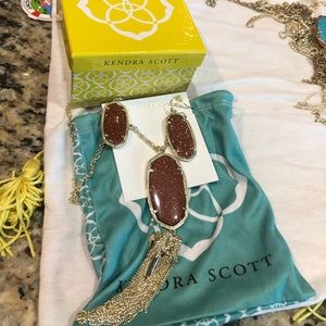 Kendra Scott 2-piece set Rayne necklace Elle earrings in gold and goldstone